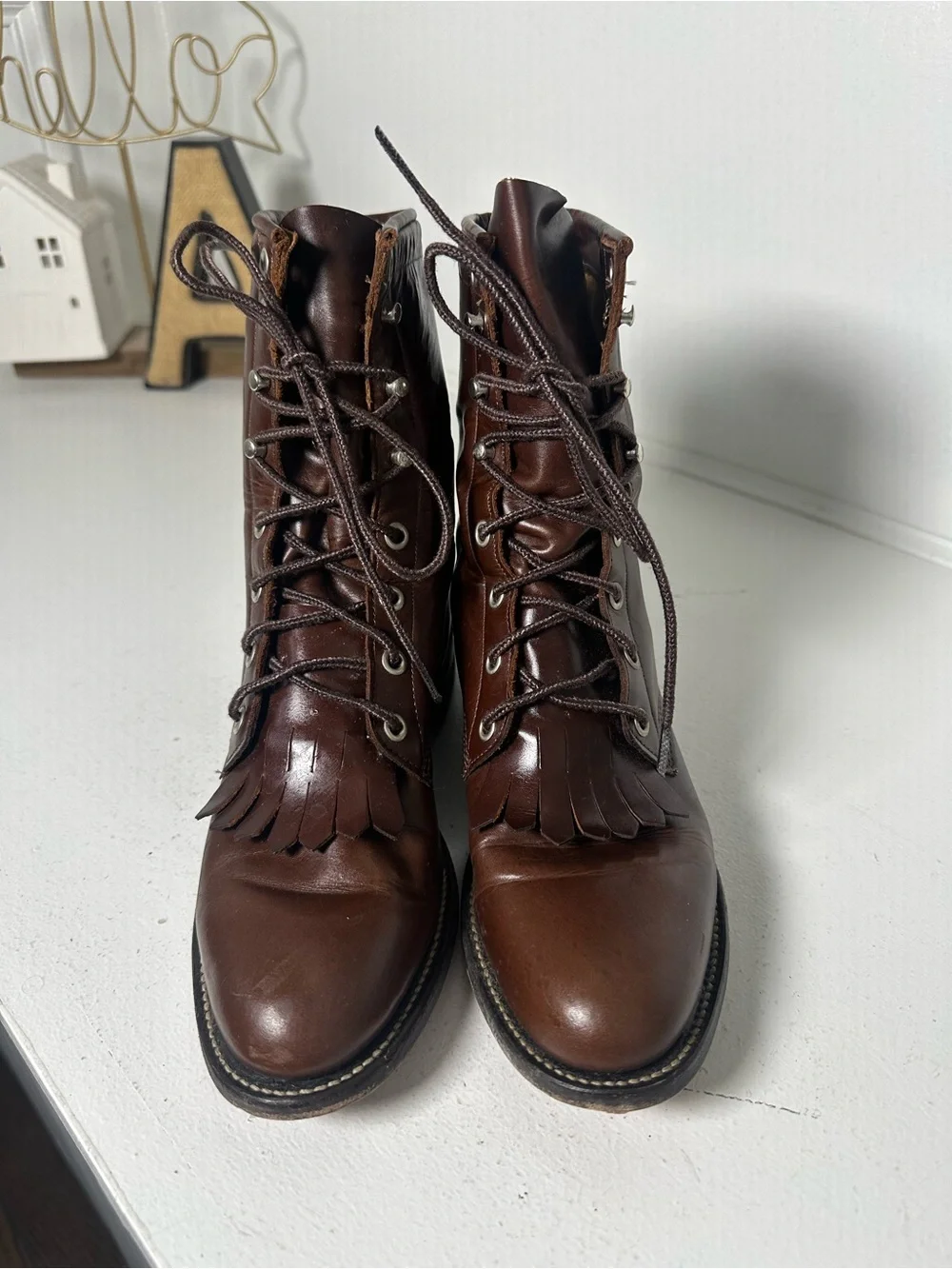 Vintage Justin Lace Up Kiltie Boots Women's 6B Made in USA Brown Leather Roper - Picture 2 of 8